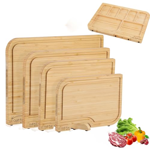 GolfFox 4-PCS Bamboo Cutting Board Set with Innovative Stand - Durable Double Sided Wooden Cutting Board with Juice Groove & Handle for Meal Prep, Meat, Charcuterie Serving, Eco-Friendly Healthy Kitchen Gift - Image 1