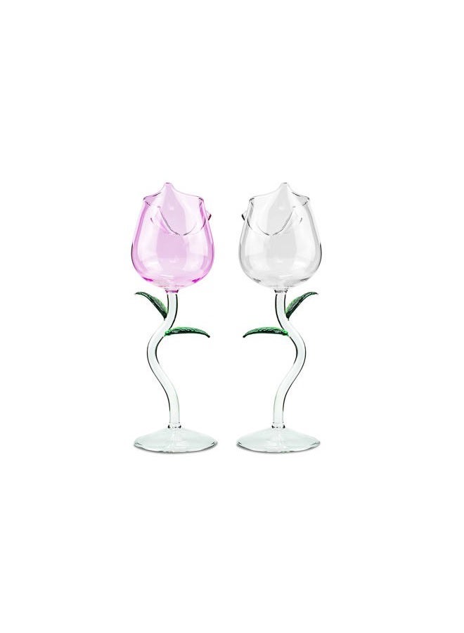 Flylin Rose Flower Wine Glasses, Creative Red Wine Glass Set of 2 Rose Flower Goblet Wine Cocktail Juice Glass for Party Dinner Wedding Festival Kitchen Bar (260ml, 2Pcs) - Image 1