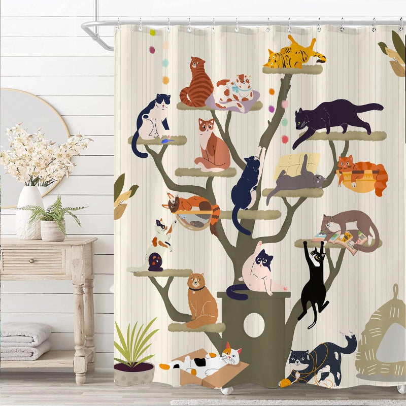 Fowocu Funny Cat Shower Curtain Cute Fun Cartoon Cat Tree Shower Curtains for Bathroom Boho Anime Kittens Kids Modern Farmhouse Waterproof Fabric Bath Curtain Decor 72 X 72 Inches - Image 2
