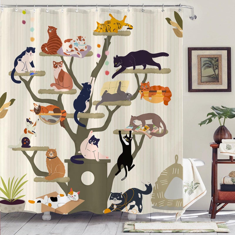Fowocu Funny Cat Shower Curtain Cute Fun Cartoon Cat Tree Shower Curtains for Bathroom Boho Anime Kittens Kids Modern Farmhouse Waterproof Fabric Bath Curtain Decor 72 X 72 Inches - Image 3