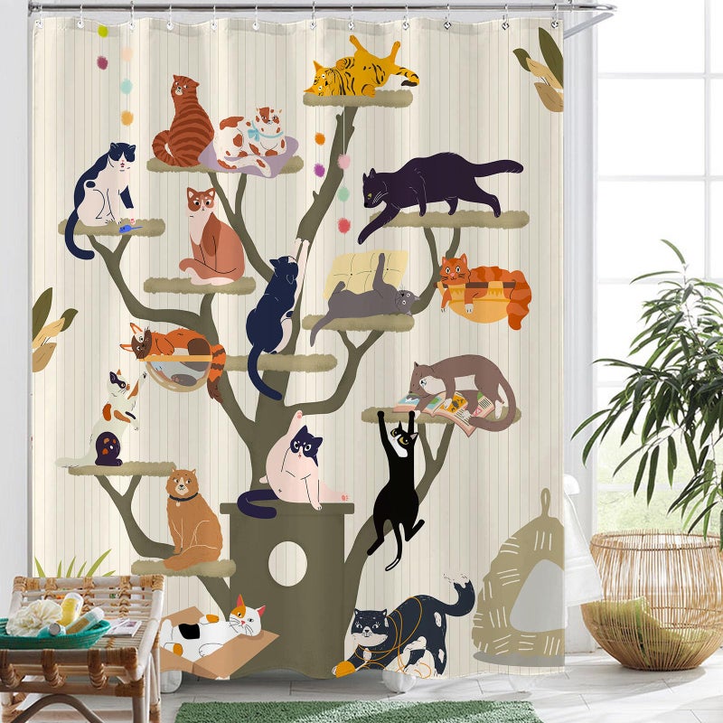 Fowocu Funny Cat Shower Curtain Cute Fun Cartoon Cat Tree Shower Curtains for Bathroom Boho Anime Kittens Kids Modern Farmhouse Waterproof Fabric Bath Curtain Decor 72 X 72 Inches - Image 4