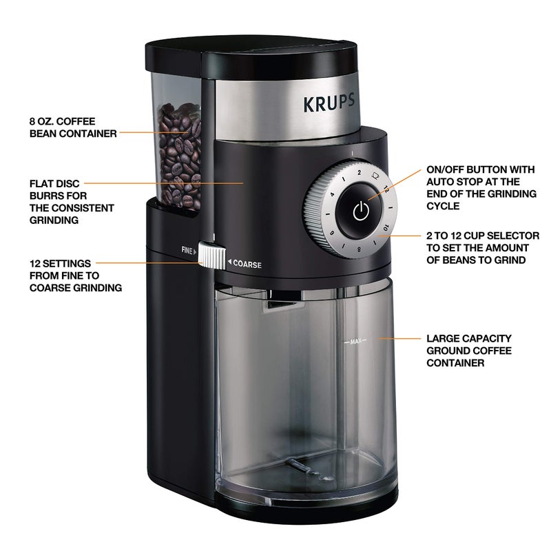 KRUPS Precision Burr Coffee Grinder: 12 Settings, 8 oz Capacity for Drip, French Press, Espresso, Pour Over, Cold Brew - Stainless Steel, 110W, Auto-Stop, Easy Clean - Coffee Grinders for Home Use - Image 2