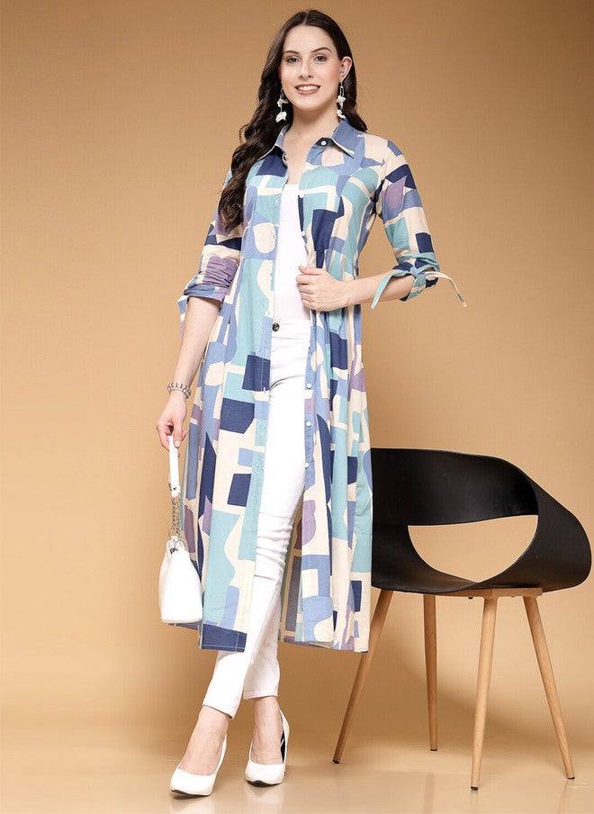 LARGISH Abstract Printed Open Front Cotton Shrug - Image 1