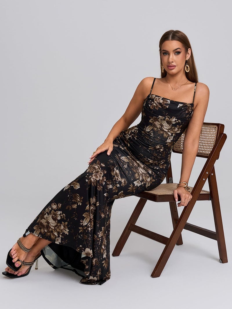 EYNMIN Women's Floral Corset Maxi Dress Sleeveless Bodycon Spaghetti Strap Ruched Elegant Wedding Guest Long Formal Dresses Black Floral M - Image 5