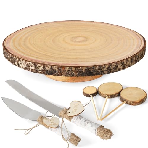 Relaxing Garden 12” Wood Cake Stand with Wooden Slice Cake Topper and Cake Cutting Set, Suitable for Wedding Receptions or Any Special Events - Image 1