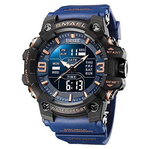 SMAEL Mens Military Watches Outdoor Sports Watch Waterproof LED Date Alarm Digital Analog Wrist Watches for Men Blue - Image 1