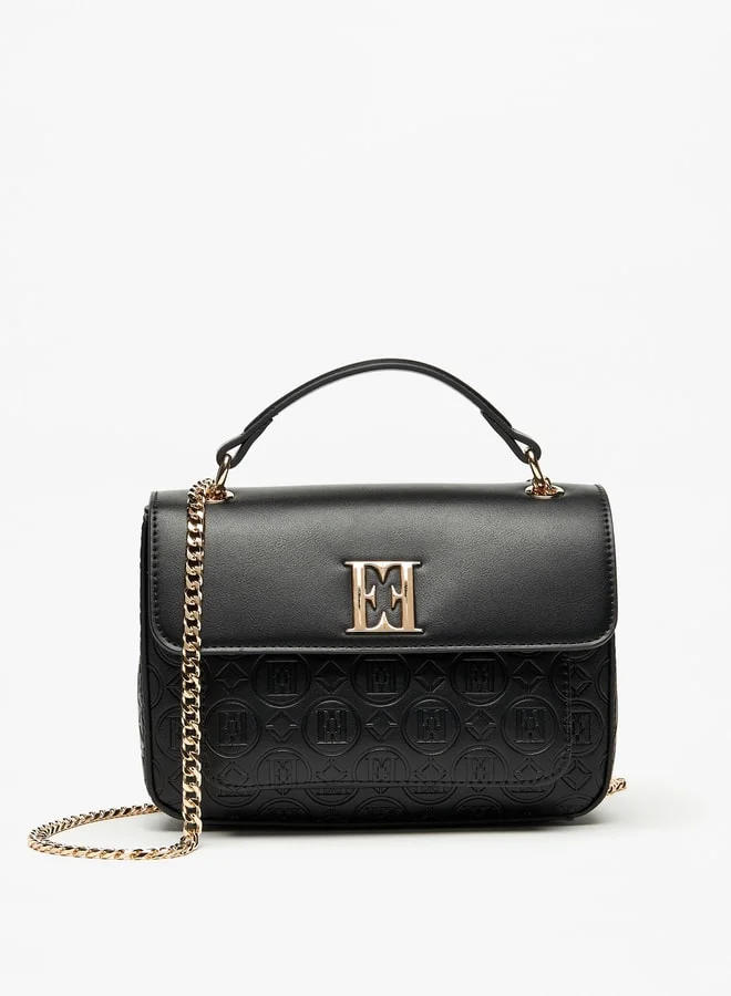 ELLE Monogram Embossed Satchel Bag with Chain Strap and Magnetic Closure