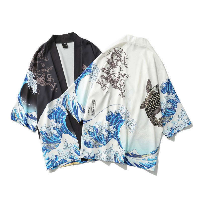 2021 cross-border Japanese style ukiyo-e robe wave carp print kimono mens and womens loose 3/4 sleeve shirt thin White  - Image 4