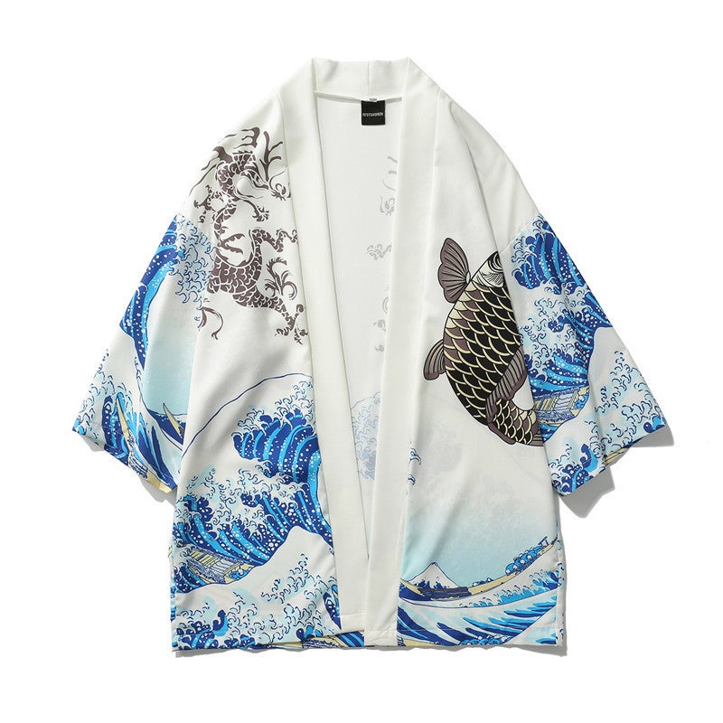 2021 cross-border Japanese style ukiyo-e robe wave carp print kimono mens and womens loose 3/4 sleeve shirt thin White  - Image 1
