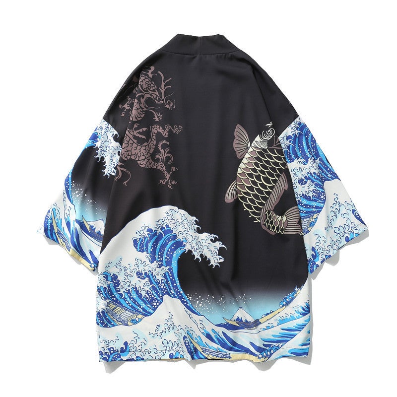2021 cross-border Japanese style ukiyo-e robe wave carp print kimono mens and womens loose 3/4 sleeve shirt thin White  - Image 2