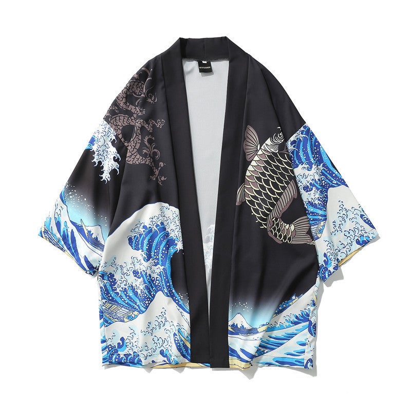 2021 cross-border Japanese style ukiyo-e robe wave carp print kimono mens and womens loose 3/4 sleeve shirt thin White  - Image 3