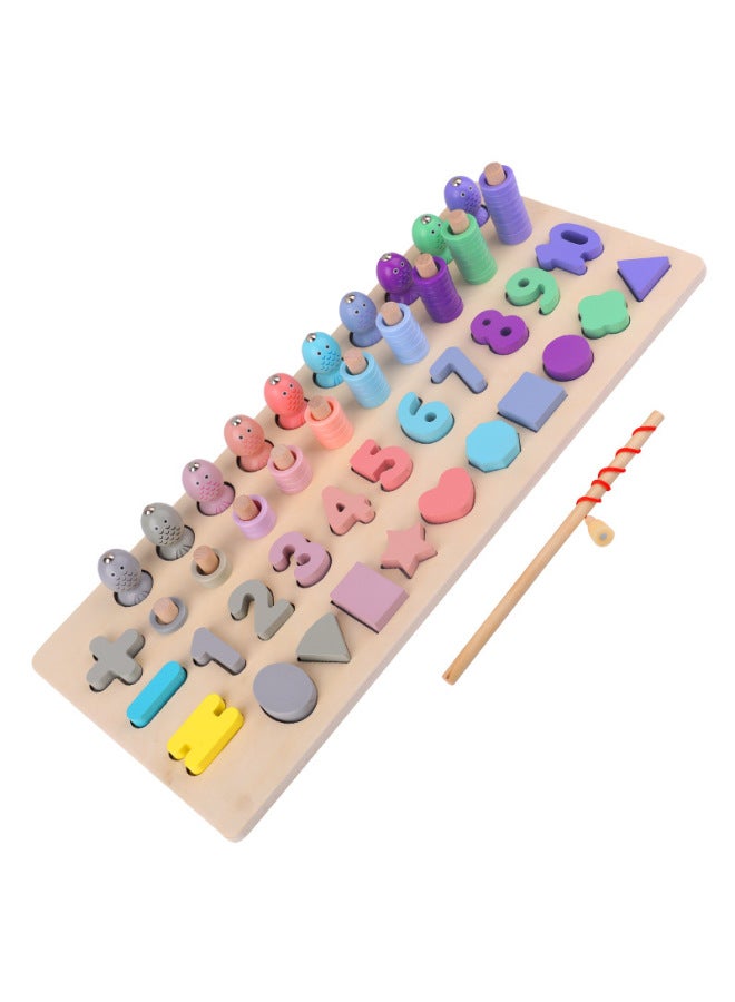 Macaron Number Shape Four-in-One Logarithmic Board Fishing Toy 345-Year-Old Kindergarten Learning Mathematics 6 Wooden Puzzle-Color:MWZ Four-in-one Fishing Logarithmic Board - Image 1
