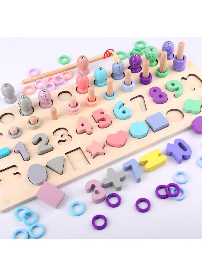 Macaron Number Shape Four-in-One Logarithmic Board Fishing Toy 345-Year-Old Kindergarten Learning Mathematics 6 Wooden Puzzle-Color:MWZ Four-in-one Fishing Logarithmic Board - Image 2