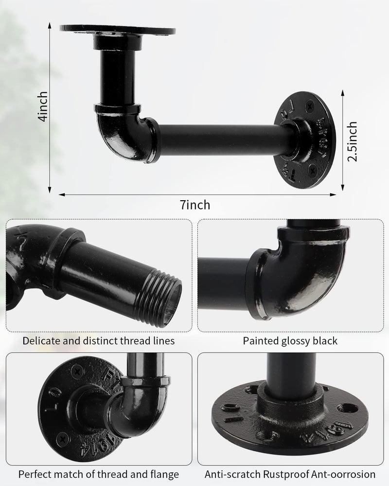 MUZIK Industrial Pipe Shelf Brackets, L Pipe Black Floating Shelf Brackets Heavy Duty - Vintage Iron Finish DIY Shelving Brackets for Shelves (7*4 Inch) - Image 2