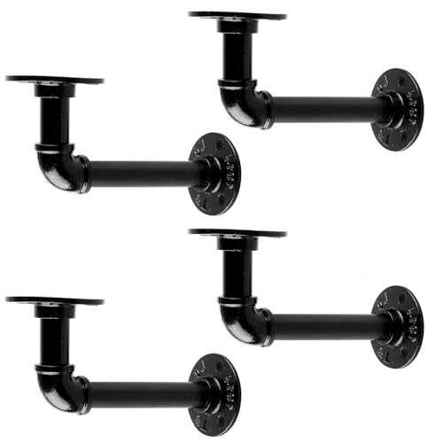 MUZIK Industrial Pipe Shelf Brackets, L Pipe Black Floating Shelf Brackets Heavy Duty - Vintage Iron Finish DIY Shelving Brackets for Shelves (7*4 Inch) - Image 1