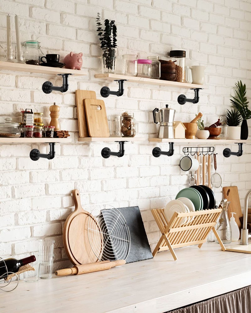 MUZIK Industrial Pipe Shelf Brackets, L Pipe Black Floating Shelf Brackets Heavy Duty - Vintage Iron Finish DIY Shelving Brackets for Shelves (7*4 Inch) - Image 5