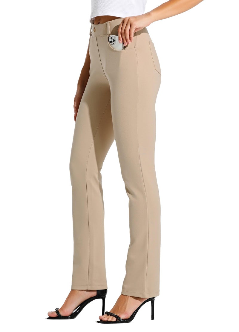 Willit 31" Women's Yoga Dress Pants Straight Leg Work Slacks Stretchy Office Casual Pants 4 Pockets Belt Loops Khaki M - Image 1