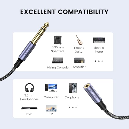 MOSWAG 14 to 35mm Headphone Adapter 66FT2Meter TRS 635mm 14 Male to 35mm 18 Female Stereo Jack Audio Adapter for Amplifiers Guitar Amp Keyboard Piano Home Theater Headphones and More - Image 3