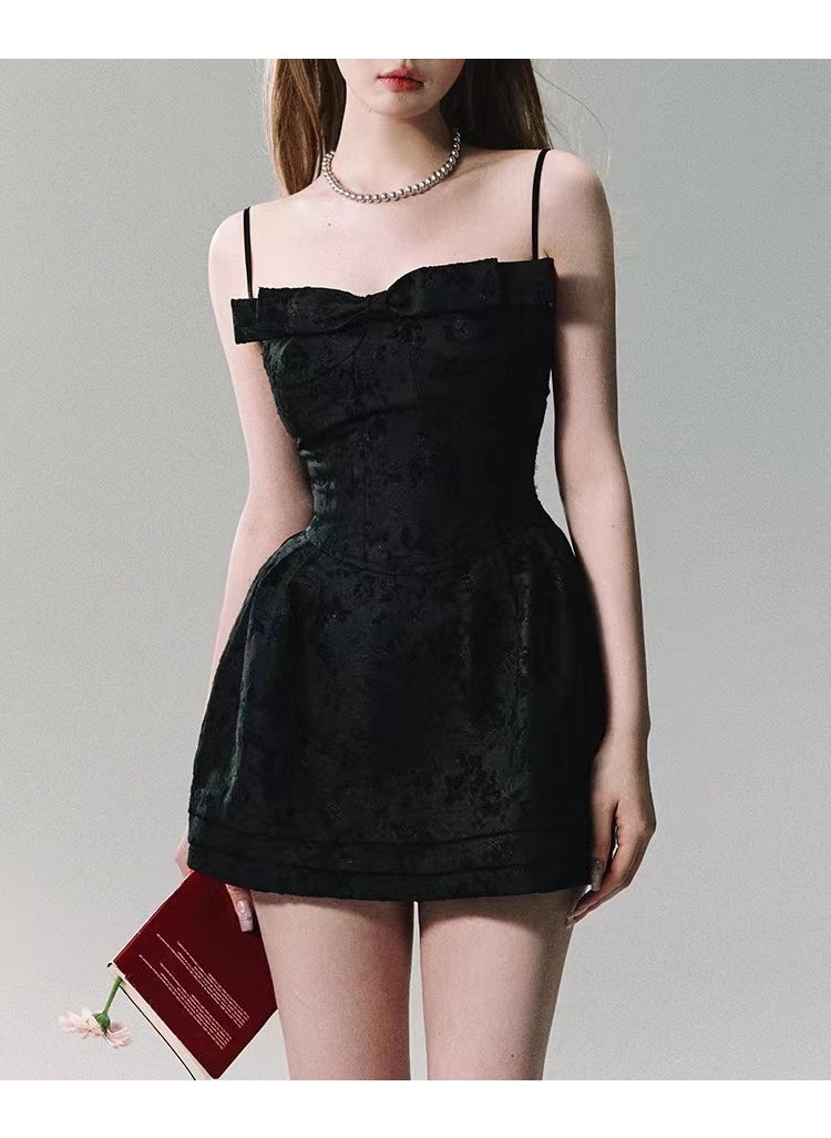 Generic OAKMO Womens Elegant Jacquard Bow-Decorated Vestido De Compromiso Black Skirt Autumn Collection Sleeveless Fashion Dark black dress 