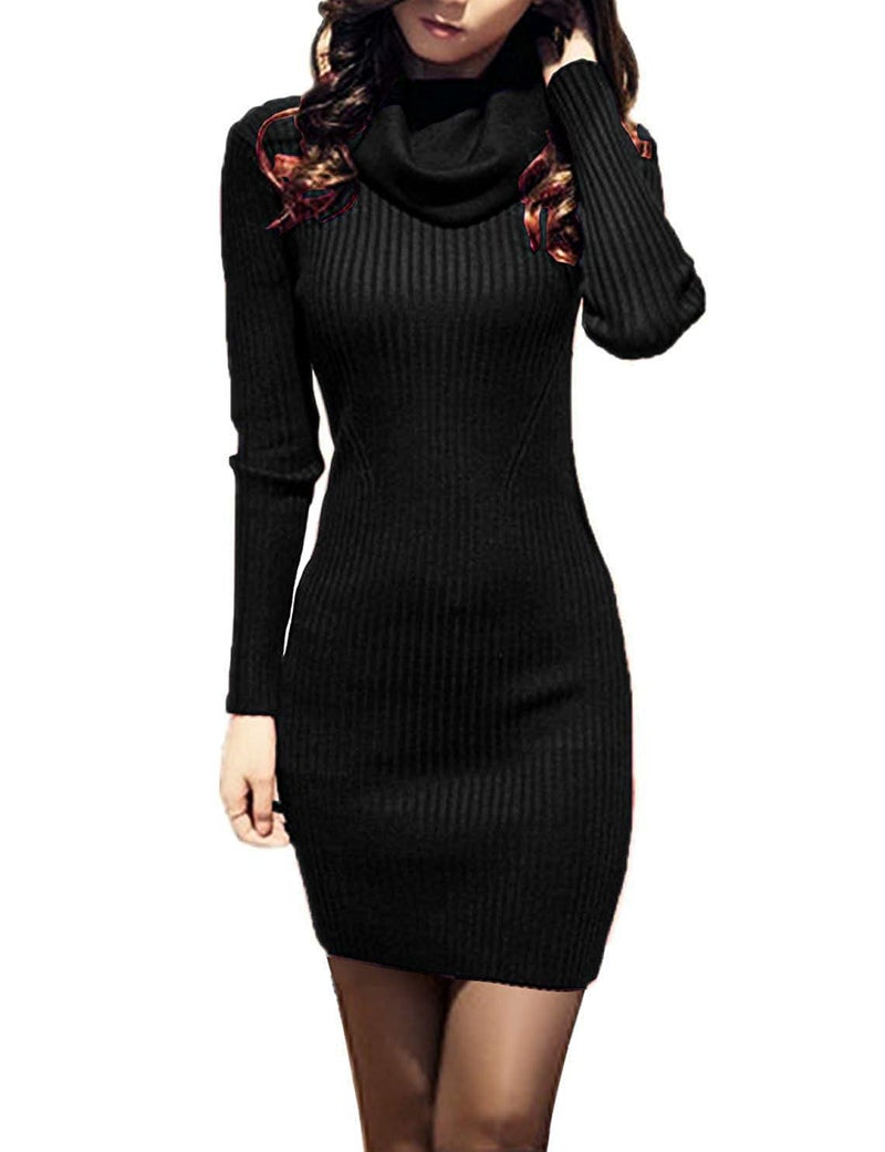 v28 Sweater Dress for Women Ribbed Knit Fitted midi Sexy Fall Winter Bodycon Cowl Neck Dresses (M,Black) - Image 5