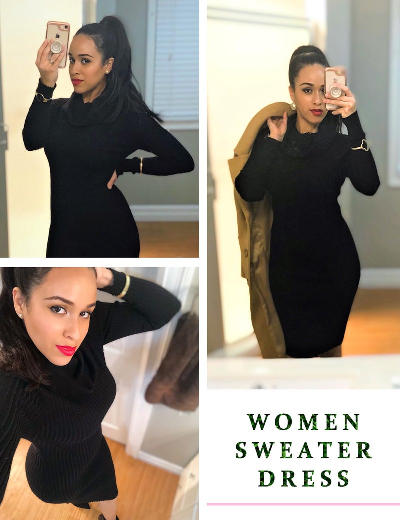 v28 Sweater Dress for Women Ribbed Knit Fitted midi Sexy Fall Winter Bodycon Cowl Neck Dresses (M,Black) - Image 2