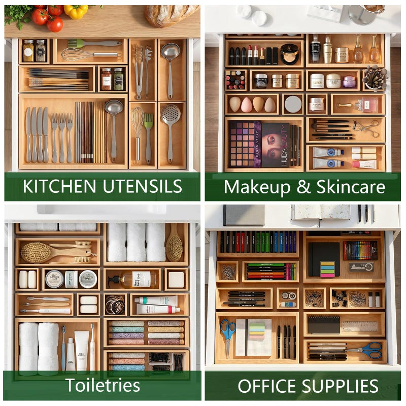 Buwheekoki Bamboo Drawer Organizer 7 Pcs for Kitchen Multi-purpose Storage Dividers for Kitchen, Office, Jewelry, Cosmetics, Wooden Drawer Dividers for Drawer Organizer Desk Organizer Gift for Women Gifts Idea - Image 2