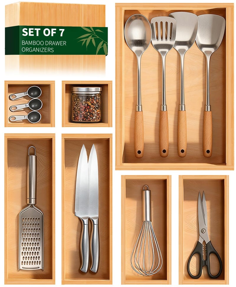 Buwheekoki Bamboo Drawer Organizer 7 Pcs for Kitchen Multi-purpose Storage Dividers for Kitchen, Office, Jewelry, Cosmetics, Wooden Drawer Dividers for Drawer Organizer Desk Organizer Gift for Women Gifts Idea - Image 1