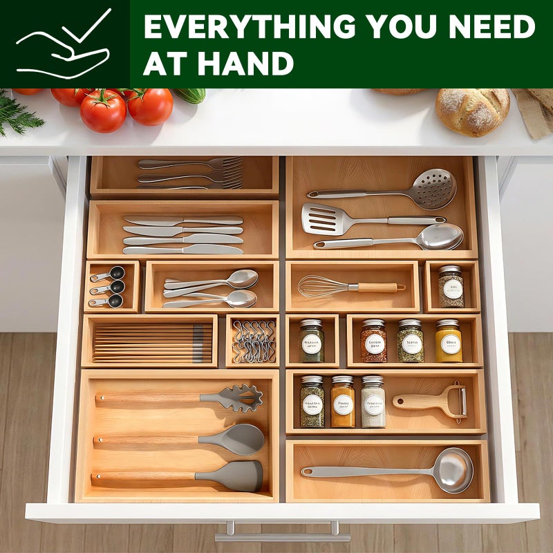 Buwheekoki Bamboo Drawer Organizer 7 Pcs for Kitchen Multi-purpose Storage Dividers for Kitchen, Office, Jewelry, Cosmetics, Wooden Drawer Dividers for Drawer Organizer Desk Organizer Gift for Women Gifts Idea - Image 5