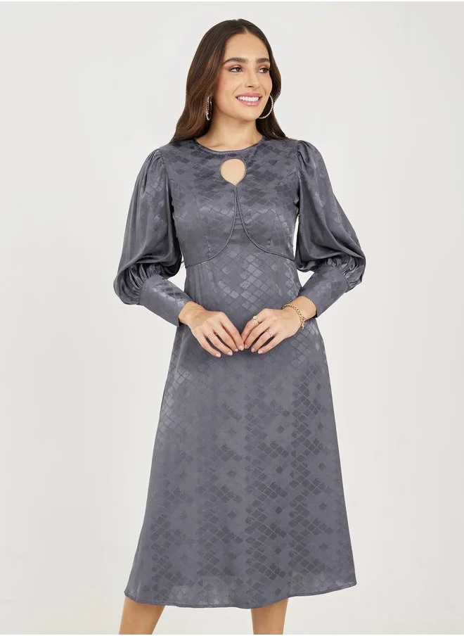 Styli Jacquard Keyhole Neck A-Line Midi Dress