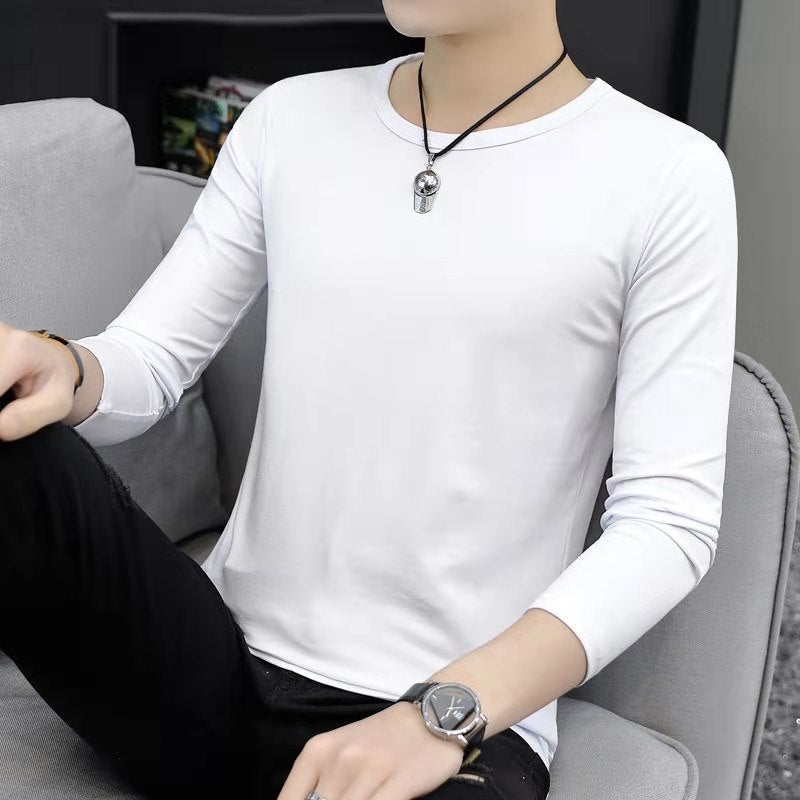 Mens Winter Velvet Thick Warm Slim T-Shirt Thin White Long Sleeve T-shirt 