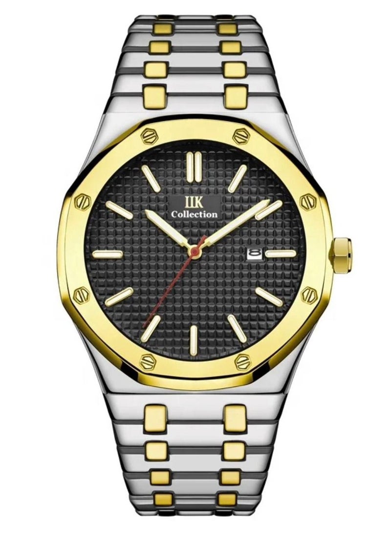 IIK Collection Men's Wrist Watch, Silver and gold Band with Black Dial
