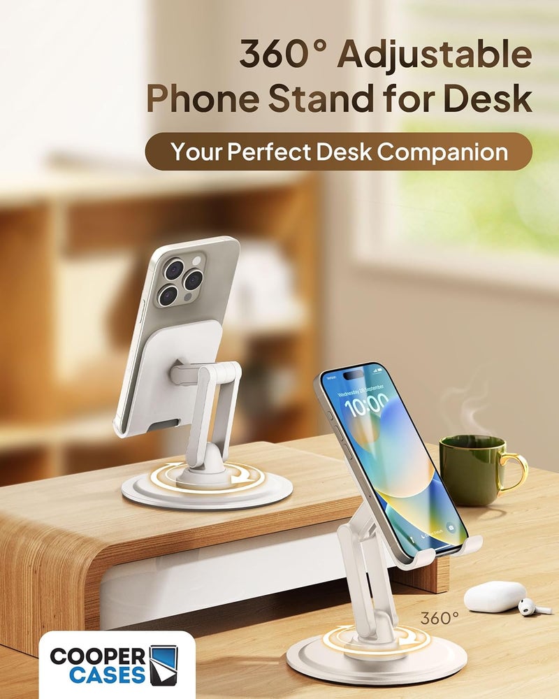 cooper 360° Stand - Adjustable Cell Phone Stand for Desk | 360° Click-Rotating, Multi-Angle, Non-Slip Metal Base, Foldable & Portable | iPhone Stand for Desk, Cell Phone Stand Holder (Cream White) - Image 2