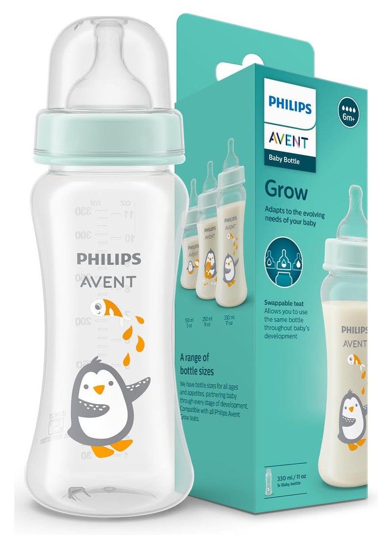 Avent Philips Avent Grow Plastic Feeding Bottle | Anti-Colic | Easy Fill,Easy Clean|BPA Free | with 6M+ Flow Teat | Made in India (330ml) (Penguine with Fishes) - Image 1