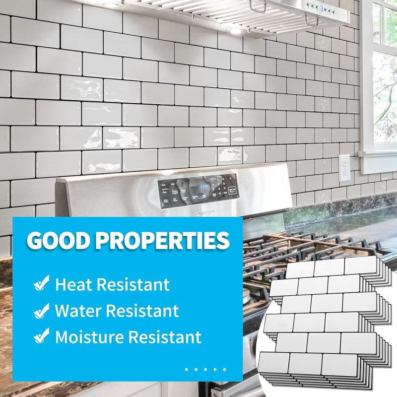 Art3d 10-Sheet Peel and Stick Backsplash Tile, Vinyl Stick on Wall Tile for Kitchen Bathroom Laundry Room, Subway Design 12" x 12" - White with Black Grout - Image 4