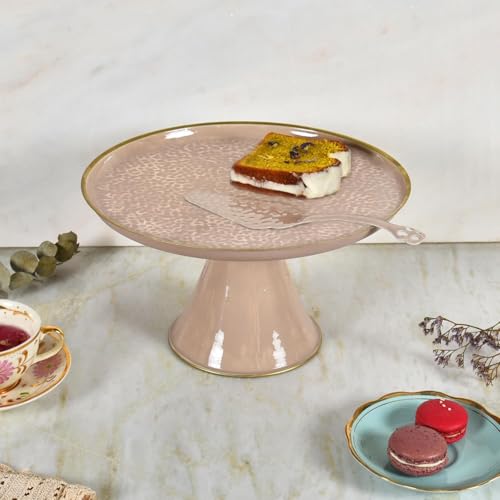 Elan Panthera Embossed Cake Stand with Cake Server, Cupcake Stand for party, Metal, Round (Dusty Rose) - Image 1