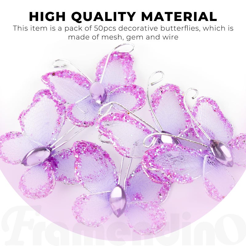 Framendino, 50 Pack Organza Butterflies Sheer Mesh Wire Glitter Butterfly Nylon Purple Delicate Gem for Home Wedding Party Decoration - Image 3