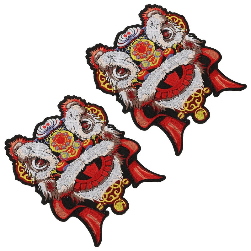2pcs Chinese Lion Embroidered Patches with Sequin for Jackets Bags Clothing DIY Sewing Crafts - Image 2