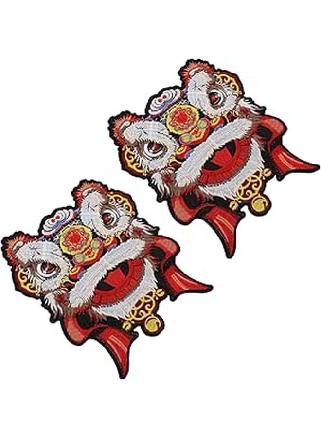 2pcs Chinese Lion Embroidered Patches with Sequin for Jackets Bags Clothing DIY Sewing Crafts - Image 1