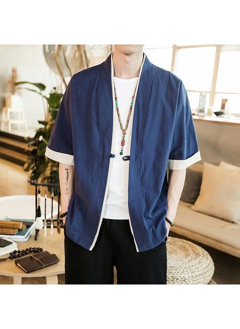 Loose Linen Hanfu Cardigan Chinese Zen Robe for Men Navy blue