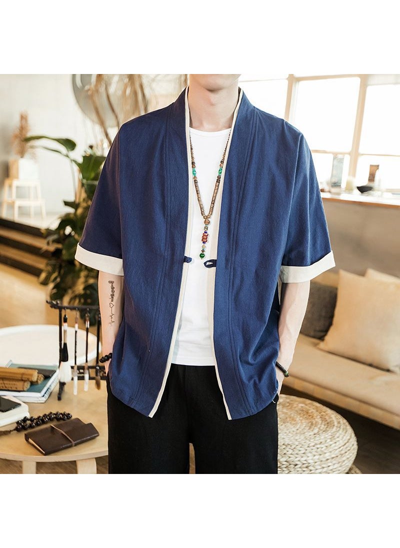 Generic - Loose Linen Hanfu Cardigan Chinese Zen Robe for Men Navy blue - Image 1
