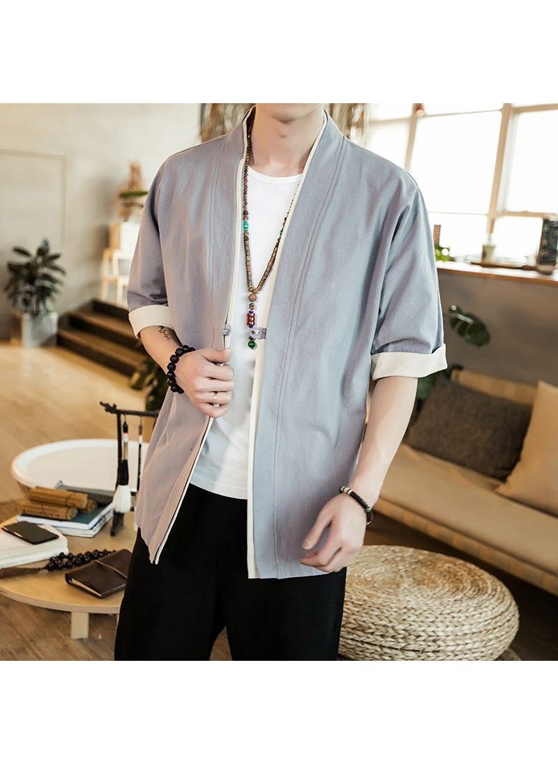 Generic - Loose Linen Hanfu Cardigan Chinese Zen Robe for Men Navy blue - Image 1