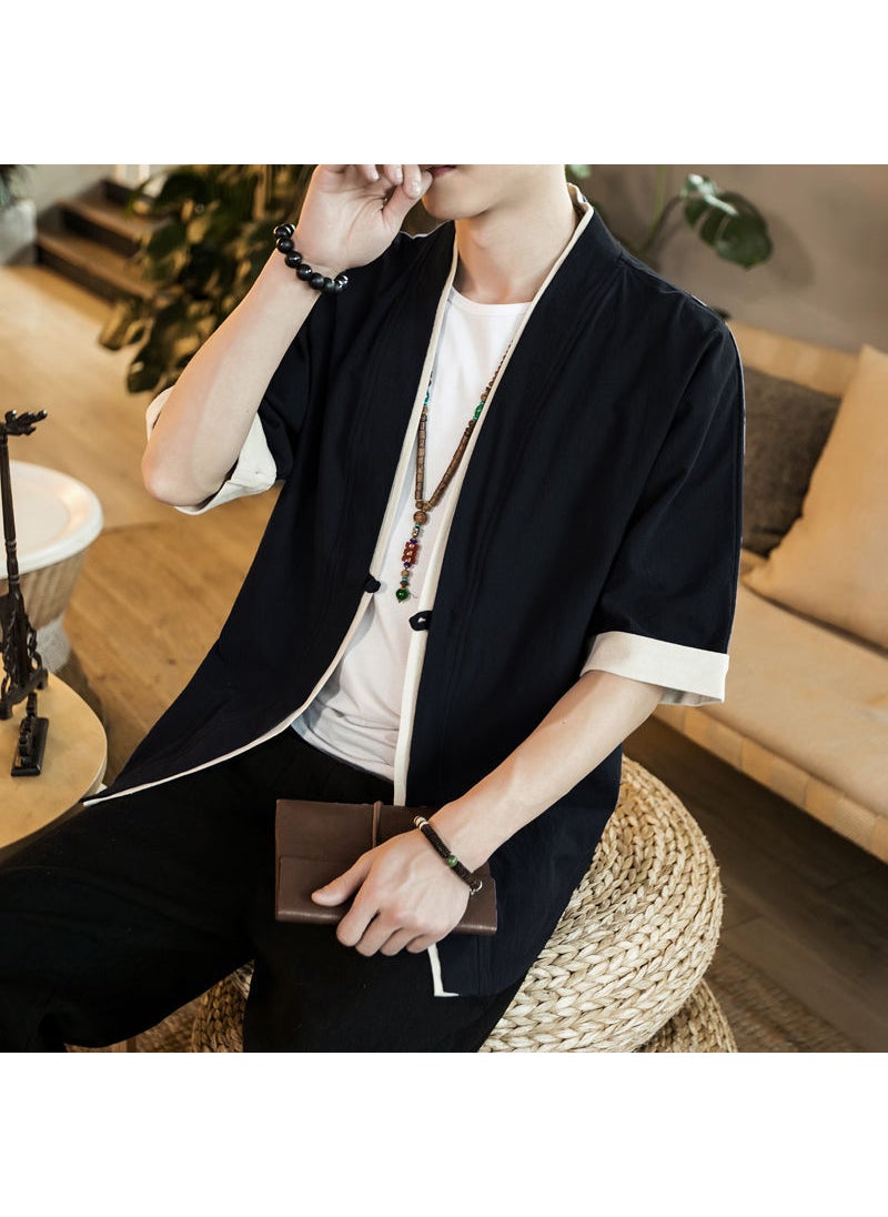Generic - Loose Linen Hanfu Cardigan Chinese Zen Robe for Men Navy blue - Image 1