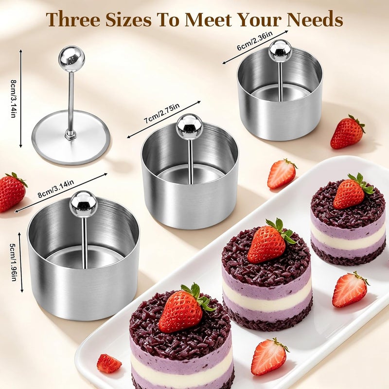 Kofebe Set of 3 - Round Stainless Steel Cake Rings, Mousse Cake Ring Mold with Press Set - Image 2