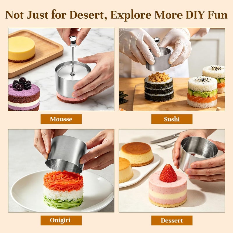 Kofebe Set of 3 - Round Stainless Steel Cake Rings, Mousse Cake Ring Mold with Press Set - Image 5