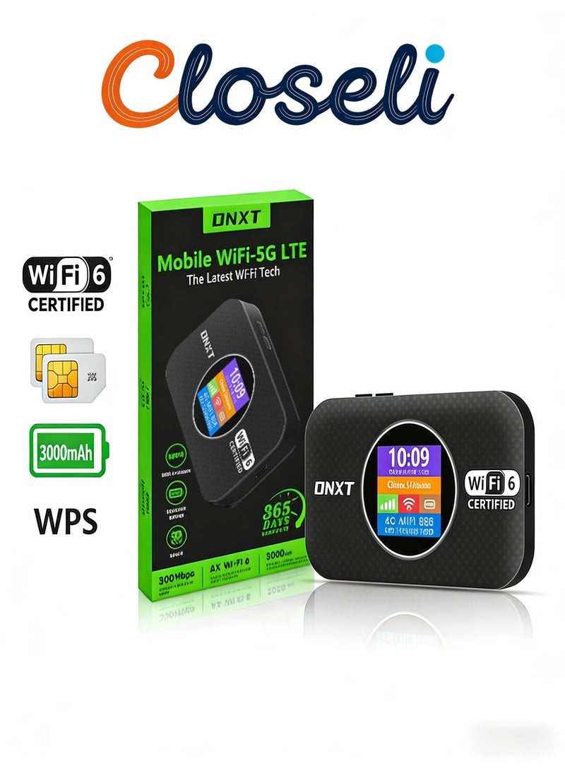 كلوزيلي راوتر واي فاي محمول 4G، راوتر CPE، Pocket WiFi، مودم لاسلكي LTE، WiFi 6، توصيل وتشغيل فوري، بطارية 3000mAh، شاشة عرض الوقت والبطارية، اتصال WPS بلمسة واحدة، تشفير WPA/WPA2، إشارة قوية، يدعم حتى 12 جهاز، مناسب للسفر والاستخدام المنزلي (أسود) - Image 1