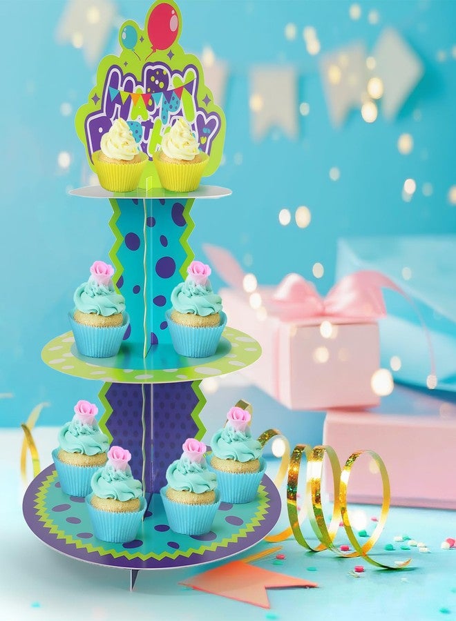 snaxuda 3 Tier Paper Cupcake Stand Holder Monster Birthday Party Supplies Round Tower Sturdy Cupcake Pastry Display Stand for Birthday Desserts and Cakes - Image 5