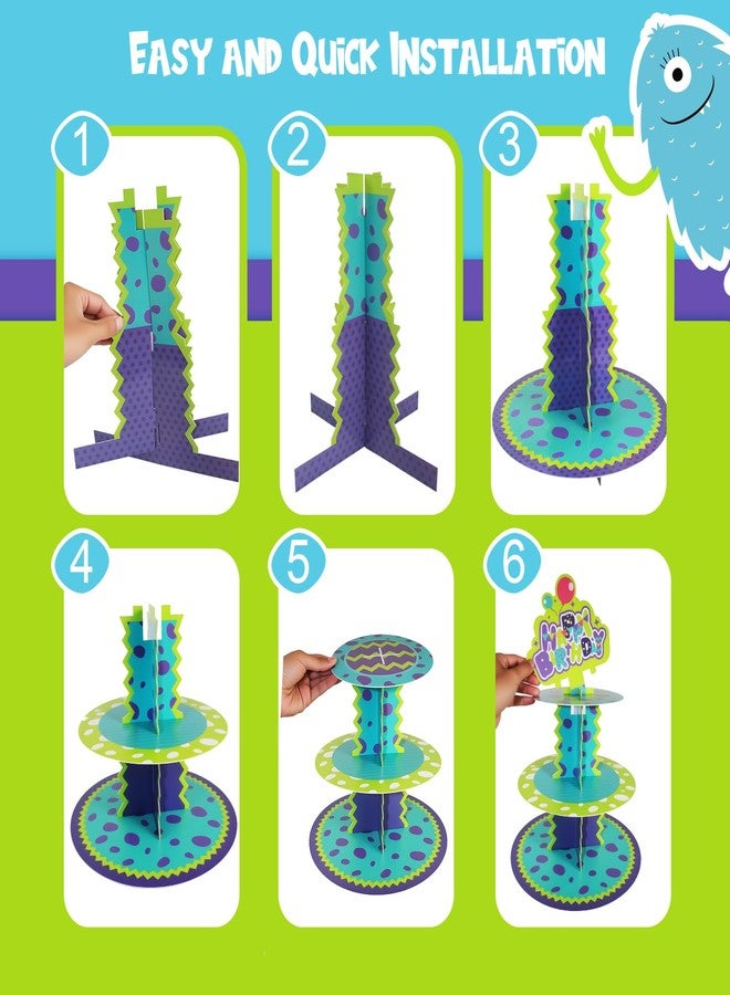snaxuda 3 Tier Paper Cupcake Stand Holder Monster Birthday Party Supplies Round Tower Sturdy Cupcake Pastry Display Stand for Birthday Desserts and Cakes - Image 4