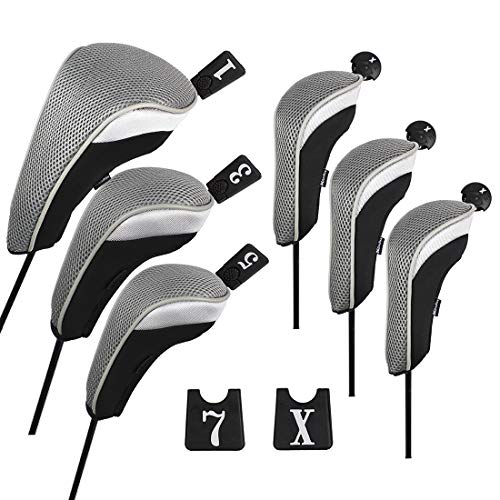 Andux 6pcs/Set Golf Club Head Covers Woods Driver Fairway Hybrid Set (3 Hybrids + 3 Woods) Black/Grey - Image 1