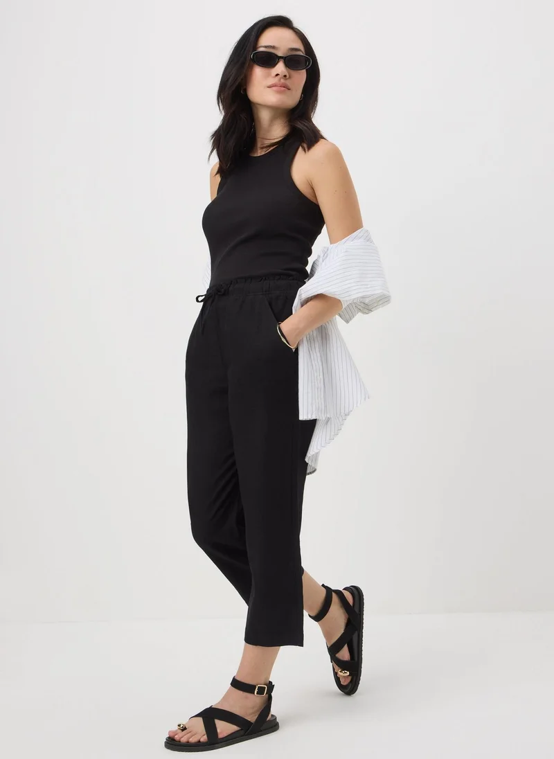 Matalan Black Linen Blend Cropped Tapered Trousers
