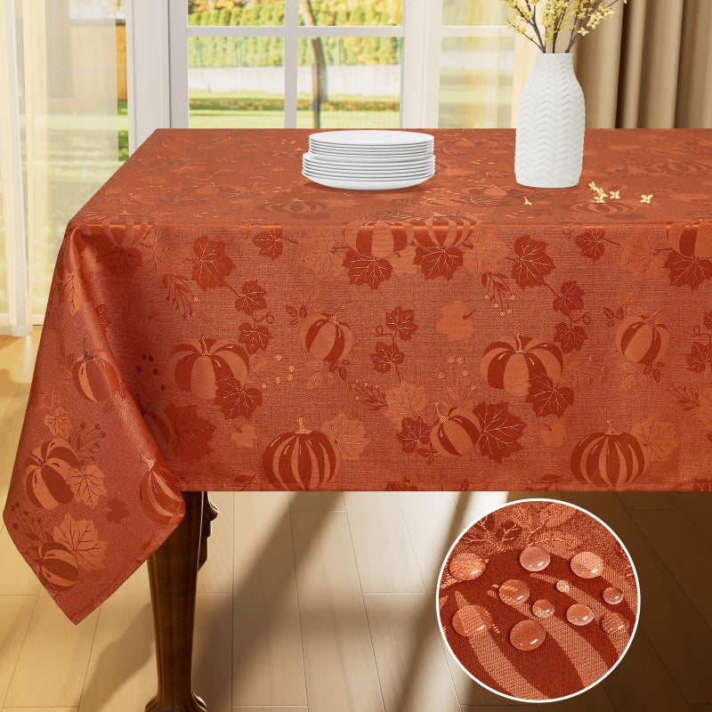 Smiry Rectangle Thanksgiving Tablecloth 60x84 Inch Fall Waterproof Damask Table Cloth Autumn Leaves Fabric Jacquard Table Covers for Harvest Parties and Holiday Dinner TerracottaRust
